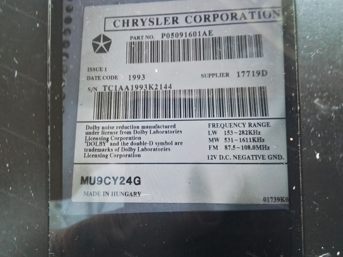 Chrysler TCA series — serial number label
