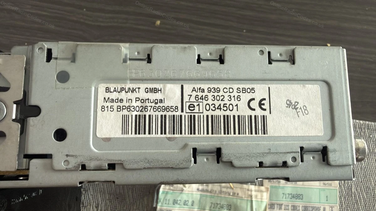 BP serial label on a Blaupunkt-built unit