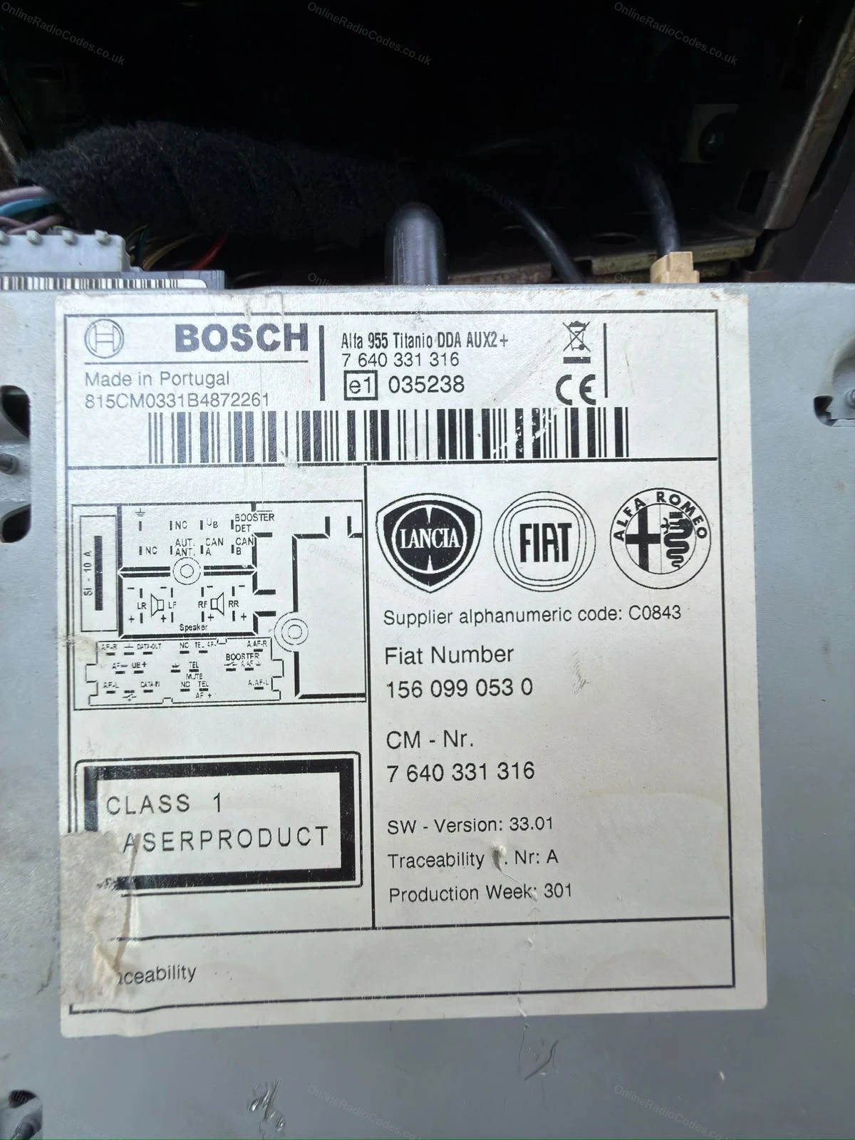 Bosch unit label on an Alfa Romeo radio