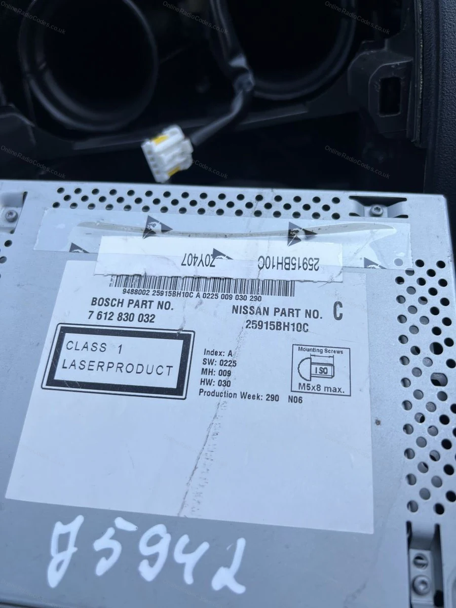 Bosch label on the top of the radio showing part and serial details