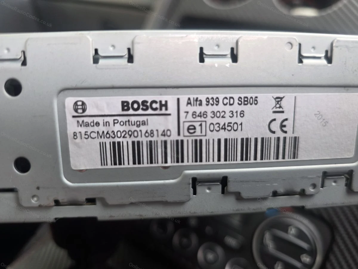 Bosch label with the serial barcode on the radio casing