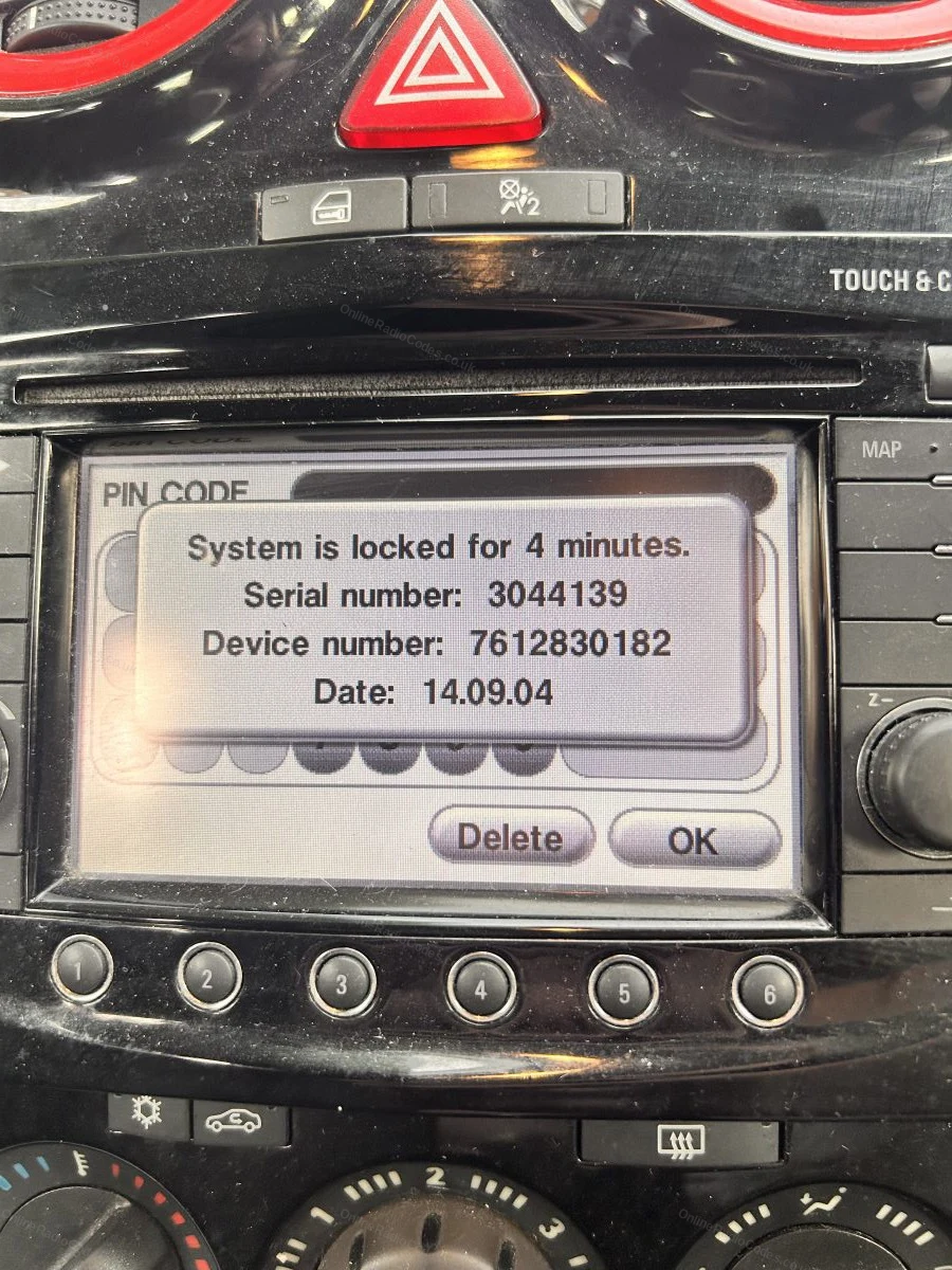 PIN code screen on a Bosch-made unit showing the serial and device numbers
