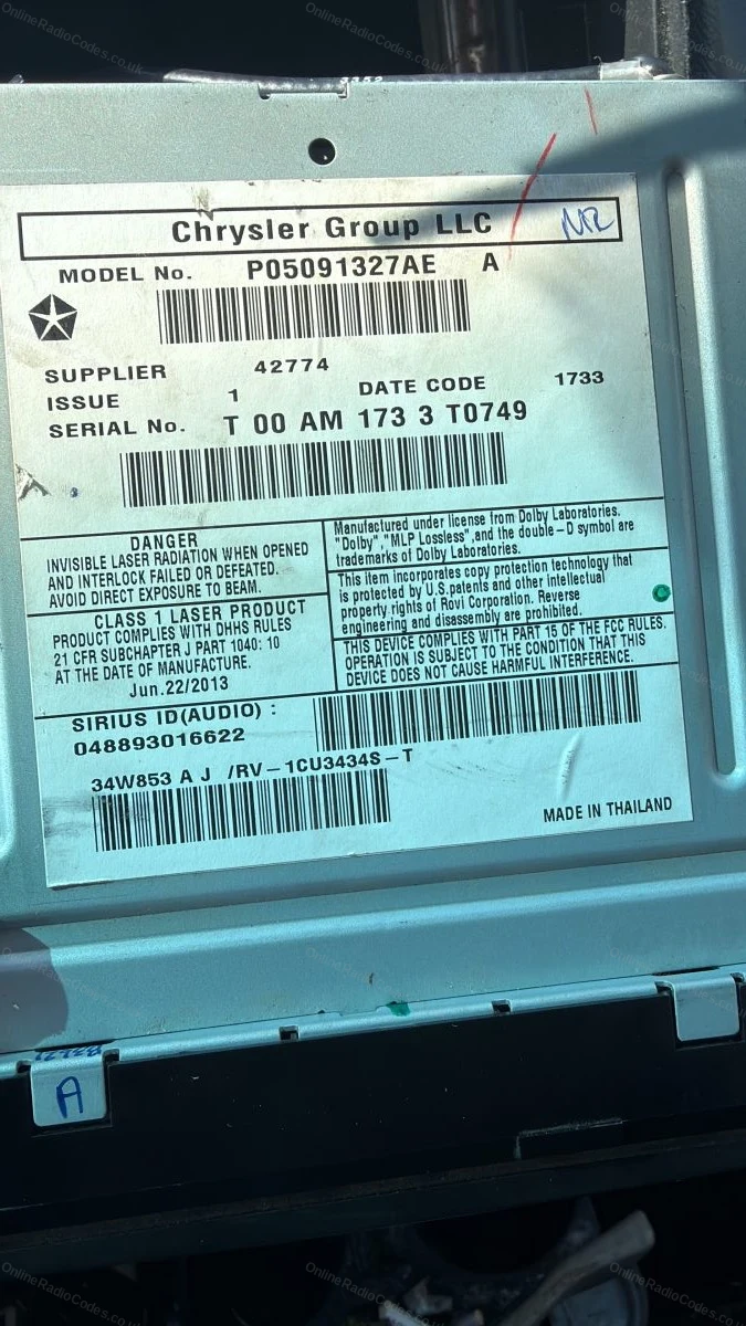Chrysler-built unit label with the T-series serial