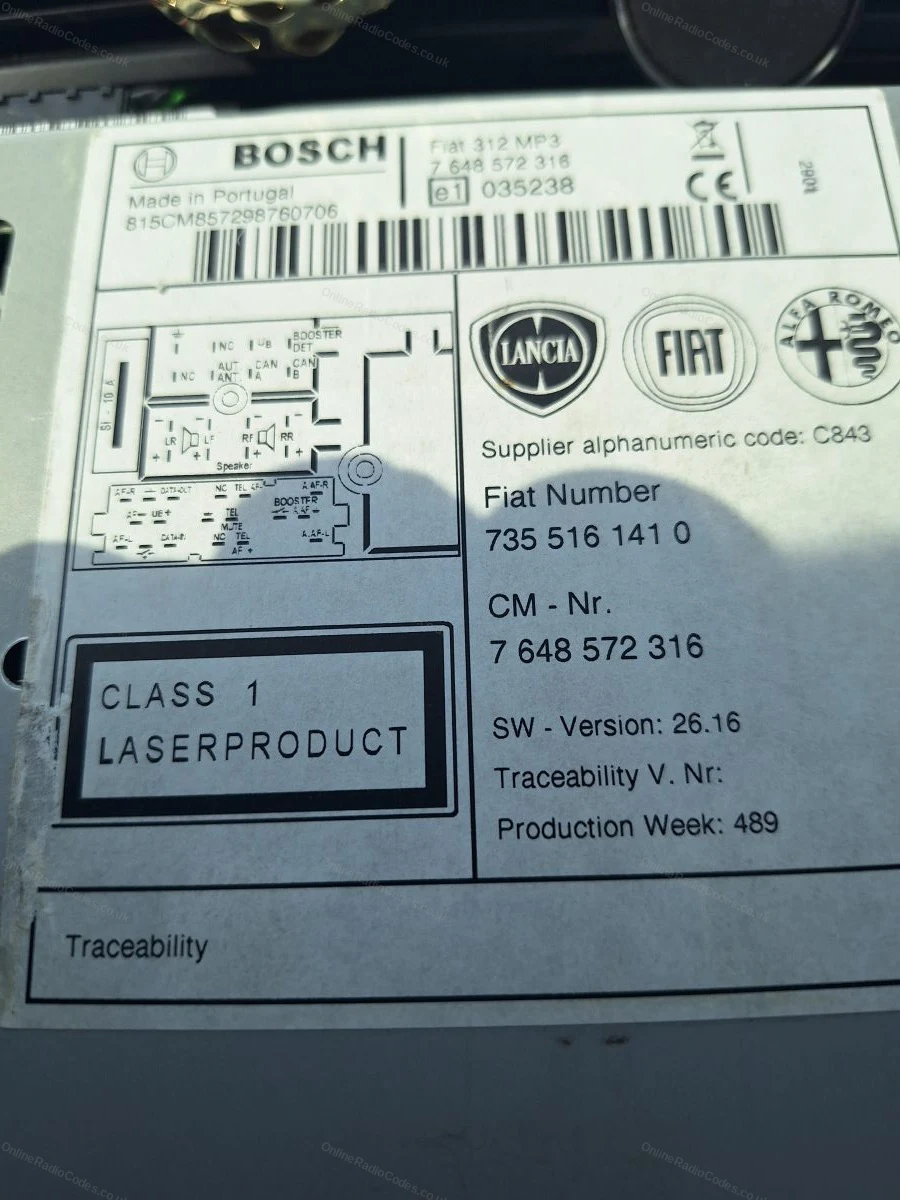 Fiat radio label showing the unit details