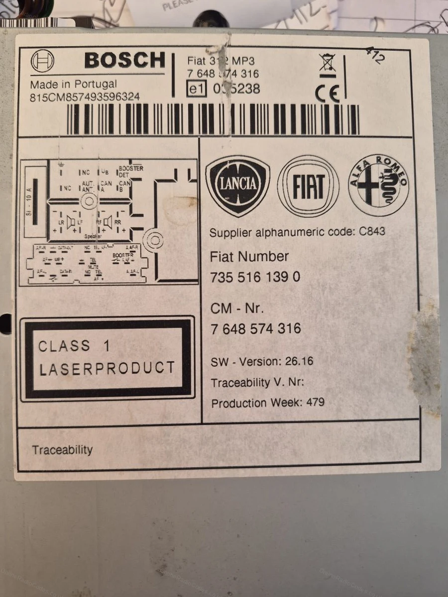 Label on a Bosch-built Fiat unit