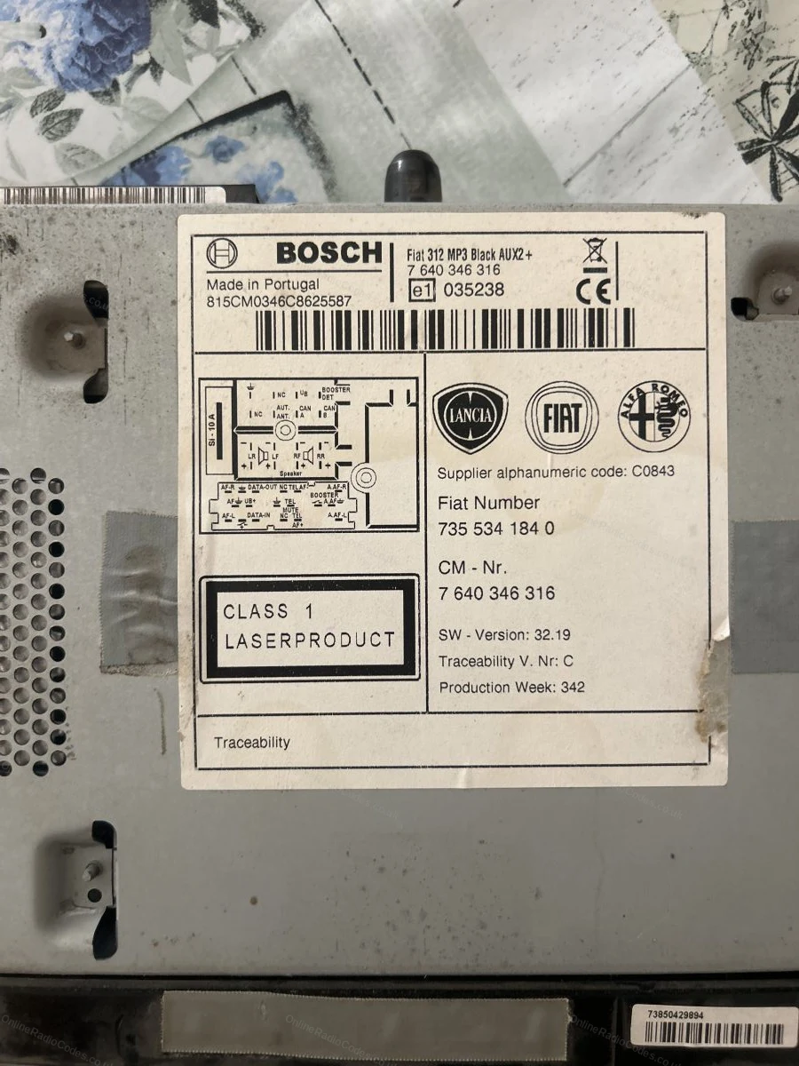 Bosch unit label with the Fiat part number
