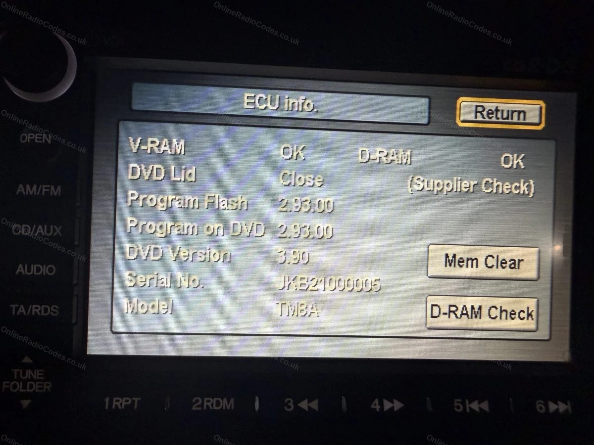 ECU info screen on a Honda navigation unit showing the model and serial number