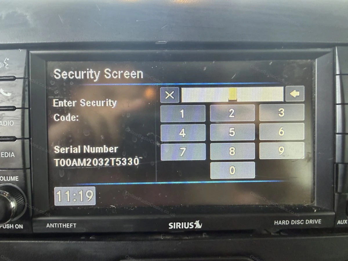 Serial number shown on the radio's security screen