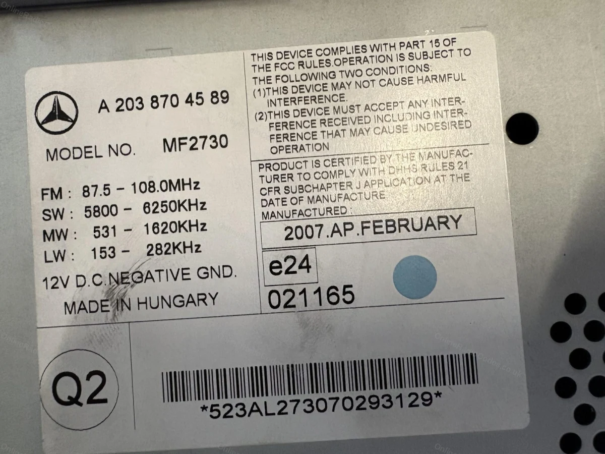 Mercedes model and serial label on the radio casing