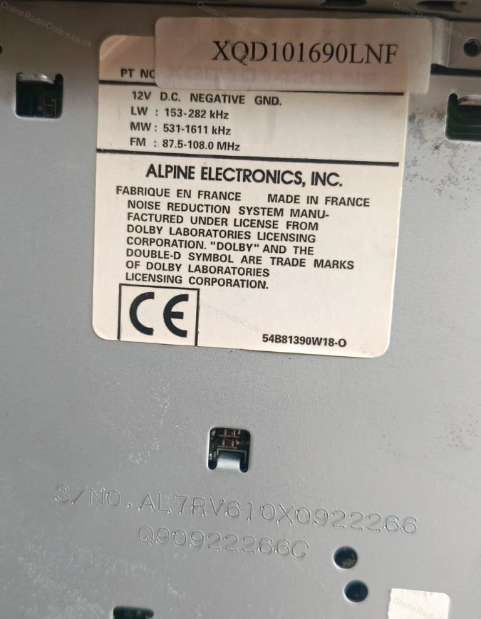 Alpine label and engraved serial number on a Mercedes casing