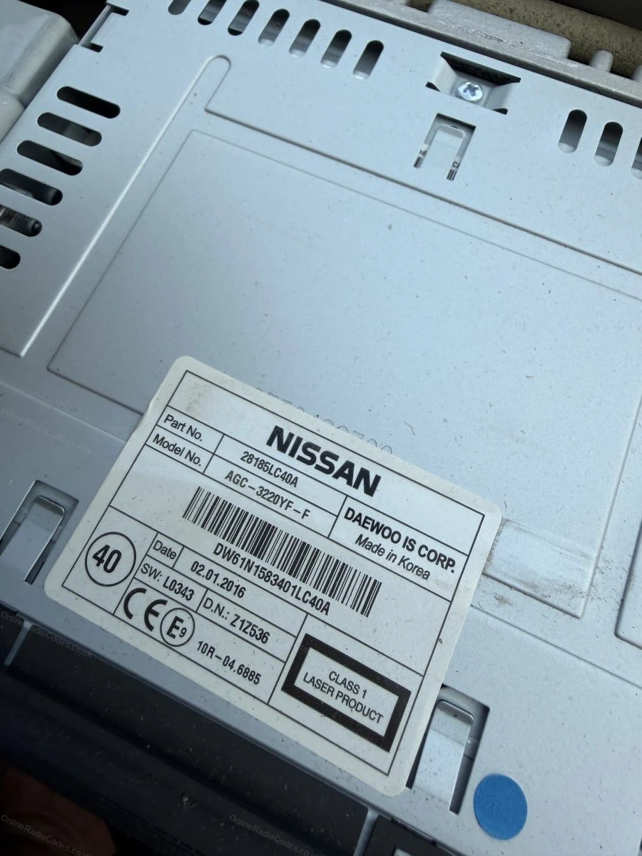 Manufacturer label on the top of a Nissan unit