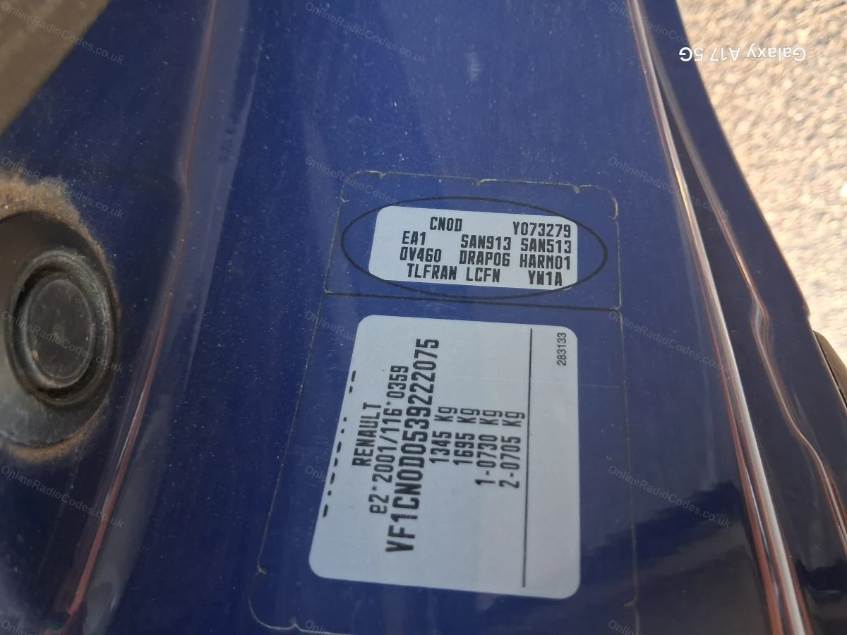 Vehicle identification plate showing the VIN