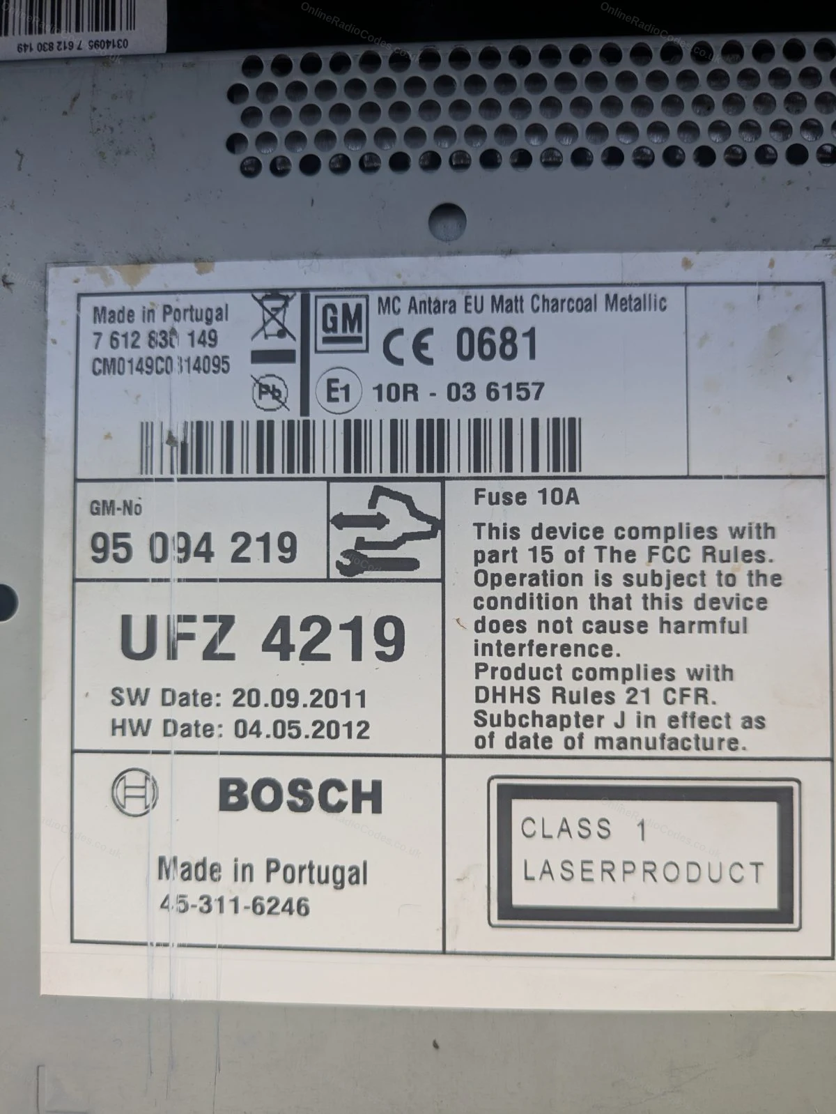 GM serial label on the casing of the removed radio