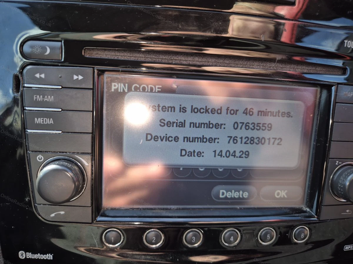 PIN code screen listing the radio's serial and device number