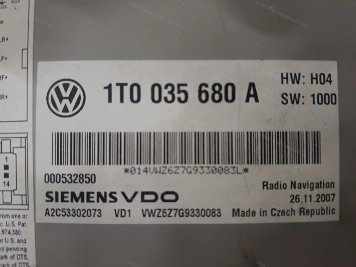 VW navigation label with the barcode serial