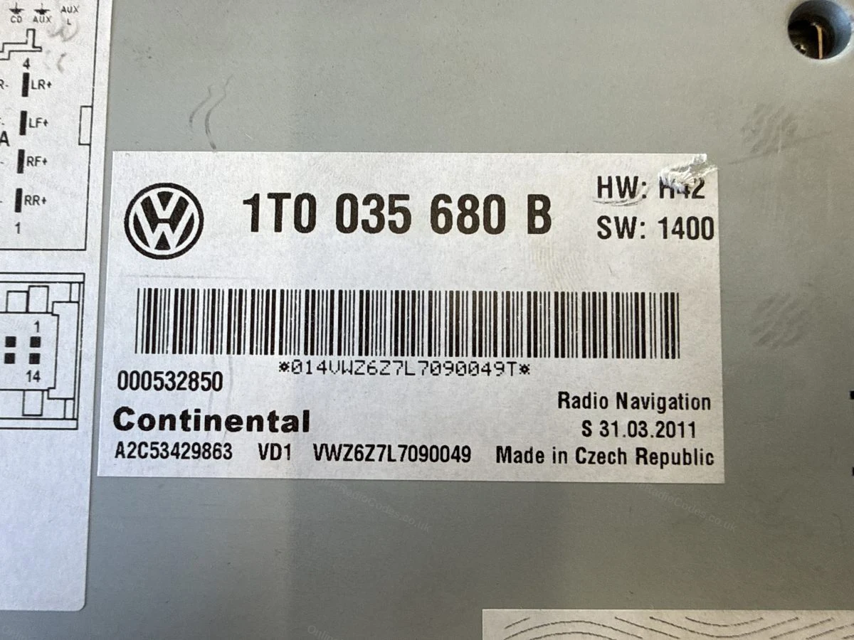 Serial label on a VW radio navigation unit