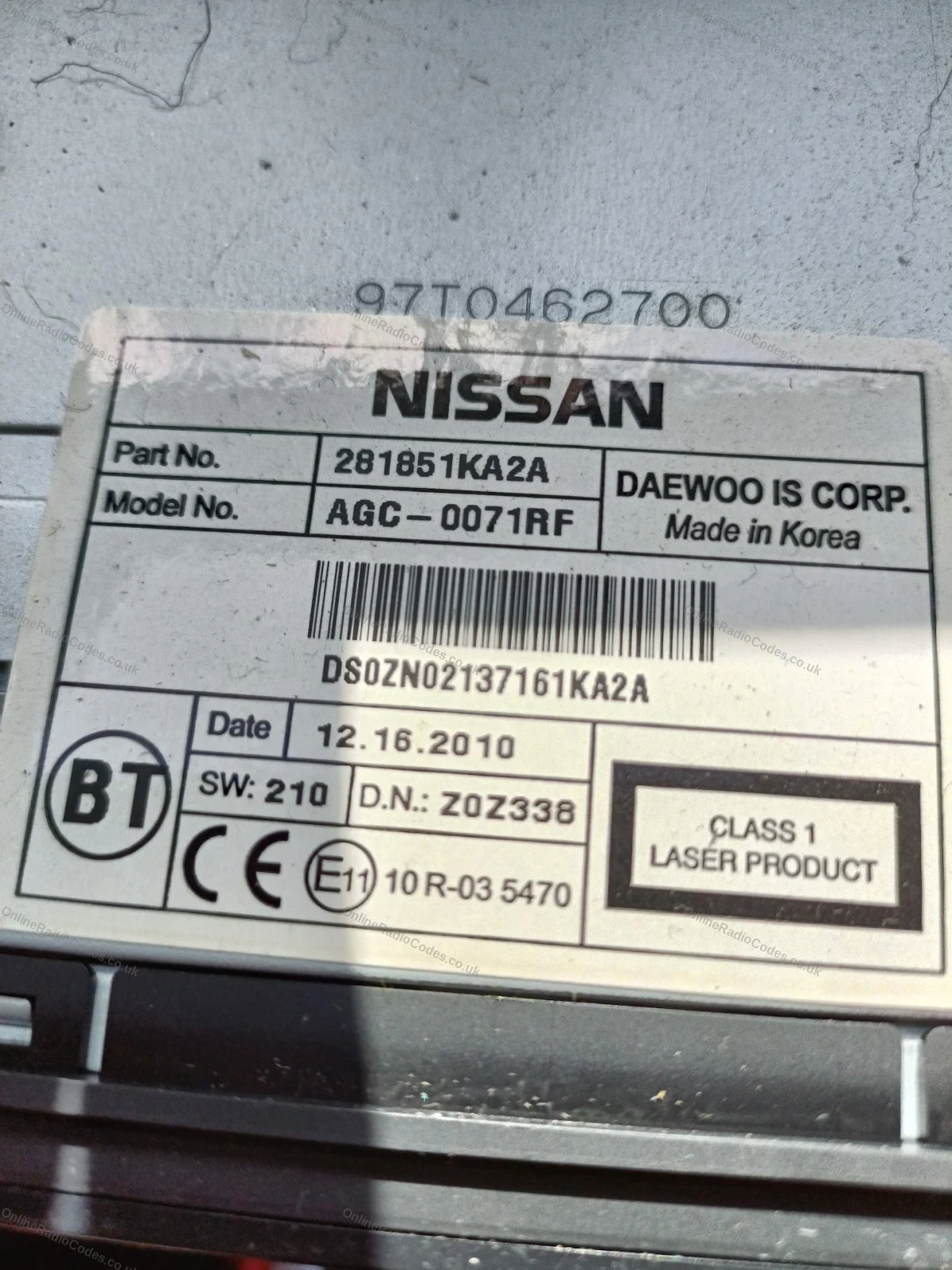 Nissan Daewoo (DS series) serial number label